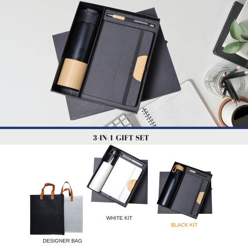 Bamboo Accent 3‑in‑1 Notebook, Bottle & Pen Gift Set with Custom Lo